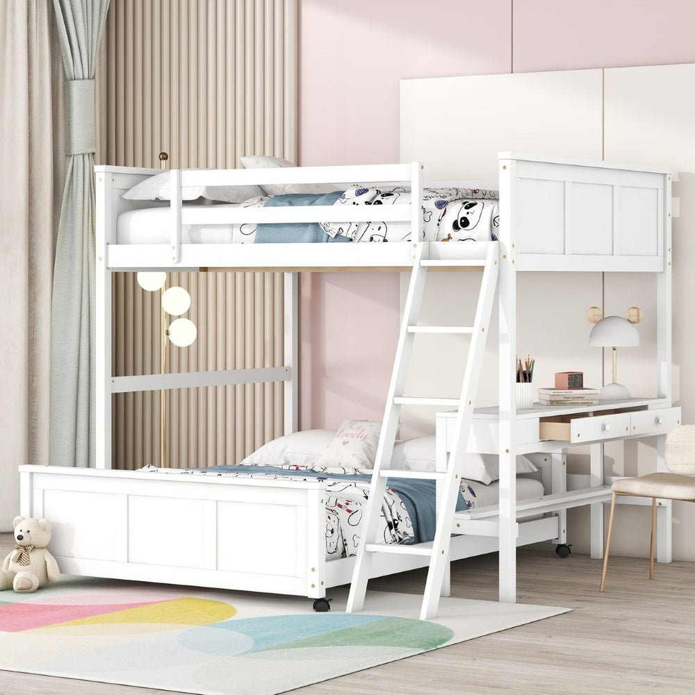 English Elm Full Over Kids Bunk Bed with Built in Study Desk and Two Storage Drawers White LT001006AAK