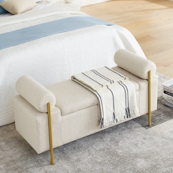 English Elm Elegant Linen Upholstered Storage Bench with Rolled Arms and Gold Iron Legs Beige W487128011