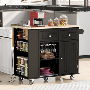 English Elm Kitchen Island Cart with Drop Leaf Power Outlet Rubberwood Top Wine Rack Rolling Black WF305556AAB