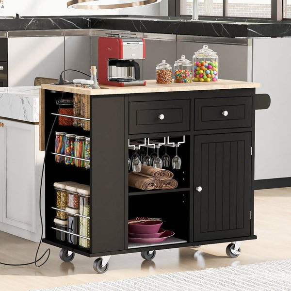English Elm Kitchen Island Cart with Drop Leaf Power Outlet Rubberwood Top Wine Rack Rolling Black WF305556AAB