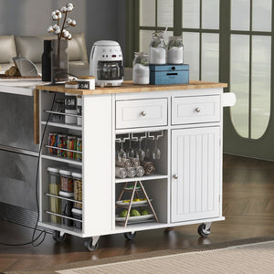 English Elm Kitchen Island Cart with Drop Leaf Power Outlet Rubberwood Top Wine Rack Rolling White WF305556AAW