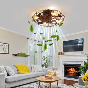 English Elm Low Profile Industrial Cage Ceiling Fan with Remote Seven Blades and Integrated Light W1340120487