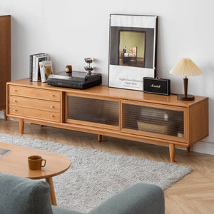 English Elm Walnut Finish Solid Red Oak Media Console with Glass Doors and Two Drawer Storage W1283130100