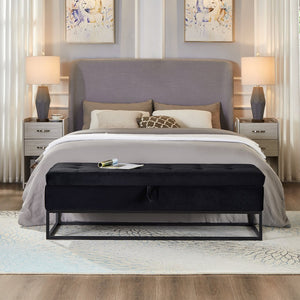 English Elm 58.6" Bed Bench Sturdy Metal Base with Velvet Upholstery, Hidden Storage, 500lb Capacity Elegance Black W1097119560