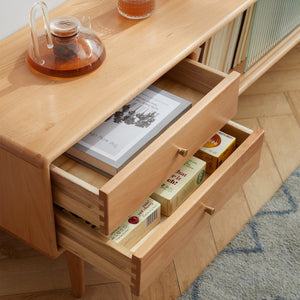 English Elm North American Solid Beech Media Console Tempered Glass Doors Two Drawers Living Room W1283130085