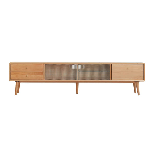 English Elm North American Solid Beech Media Console Tempered Glass Doors Two Drawers Living Room W1283130085