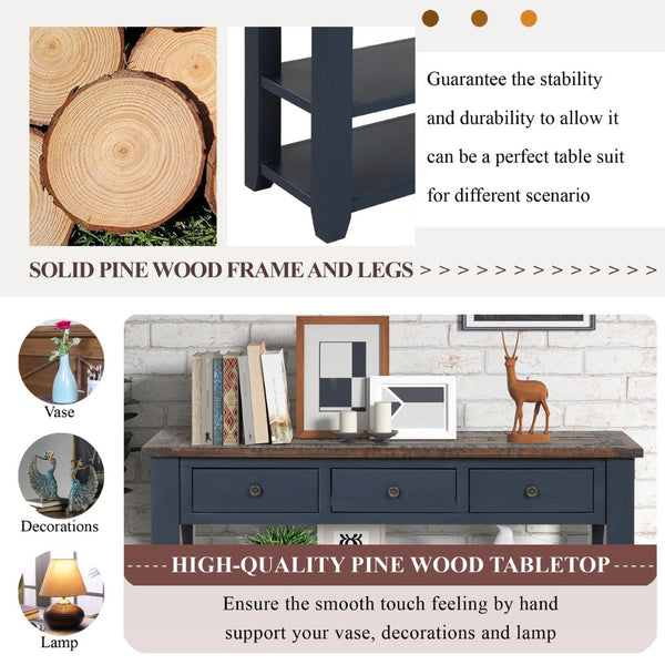 English Elm 48'' Pine Wood Console Table Vintage Entryway Piece with 3 Drawers and Open Shelves Navy Blue W1202P360961