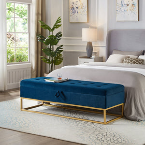 English Elm 58.6" Bed Bench Sturdy Metal Base with Velvet Upholstery, Hidden Storage, 500lb Capacity Elegance Navy Blue W1097119561