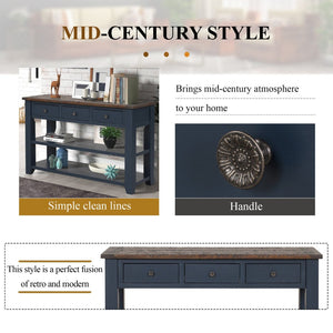 English Elm 48'' Pine Wood Console Table Vintage Entryway Piece with 3 Drawers and Open Shelves Navy Blue W1202P360961