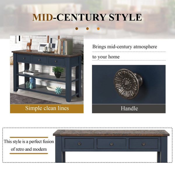 English Elm 48'' Pine Wood Console Table Vintage Entryway Piece with 3 Drawers and Open Shelves Navy Blue W1202P360961