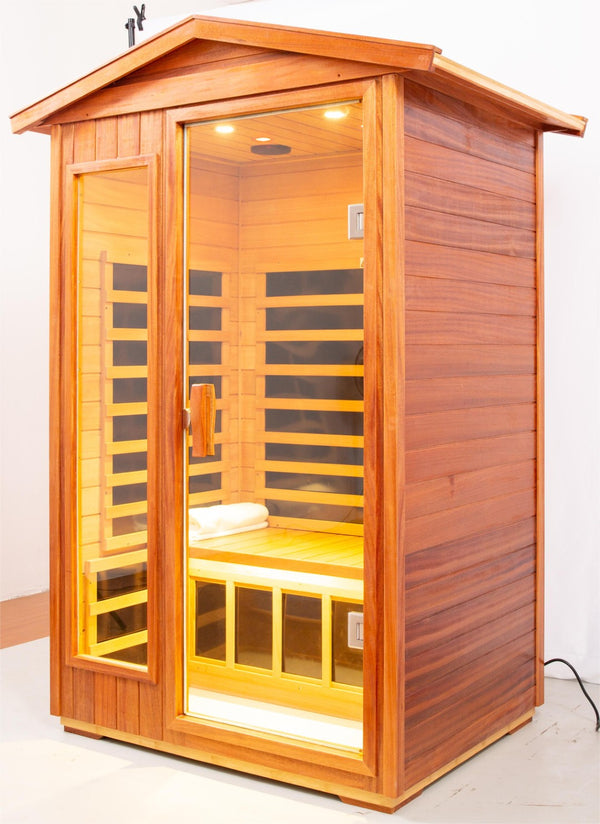 English Elm Two Person Outdoor Khaya Wood Sauna With Bluetooth Audio & Infrared Heating Panels For Relaxation W1149130193-GIGA