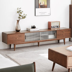 English Elm Walnut Finish Solid Red Oak Media Console with Glass Doors and Two Drawer Storage W1283130091