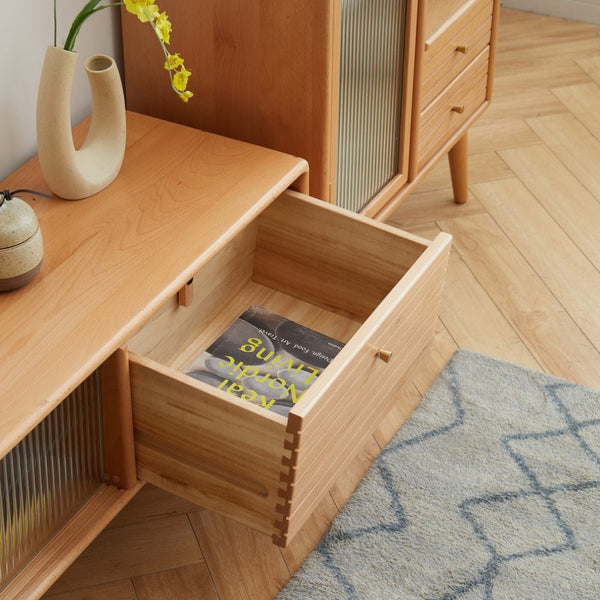 English Elm North American Solid Beech Media Console Tempered Glass Doors Two Drawers Living Room W1283130085