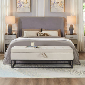 English Elm 58.6" Bed Bench Sturdy Metal Base with Velvet Upholstery, Hidden Storage, 500lb Capacity Elegance Beige W1097119558