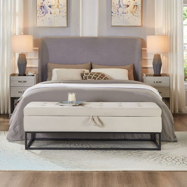 English Elm 58.6" Bed Bench Sturdy Metal Base with Velvet Upholstery, Hidden Storage, 500lb Capacity Elegance Beige W1097119558