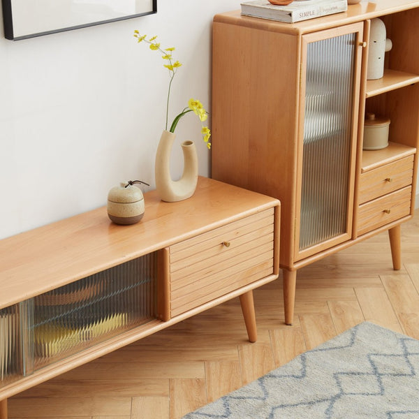 English Elm North American Solid Beech Media Console Tempered Glass Doors Two Drawers Living Room W1283130085