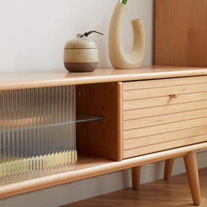 English Elm North American Solid Beech Media Console Tempered Glass Doors Two Drawers Living Room W1283130085