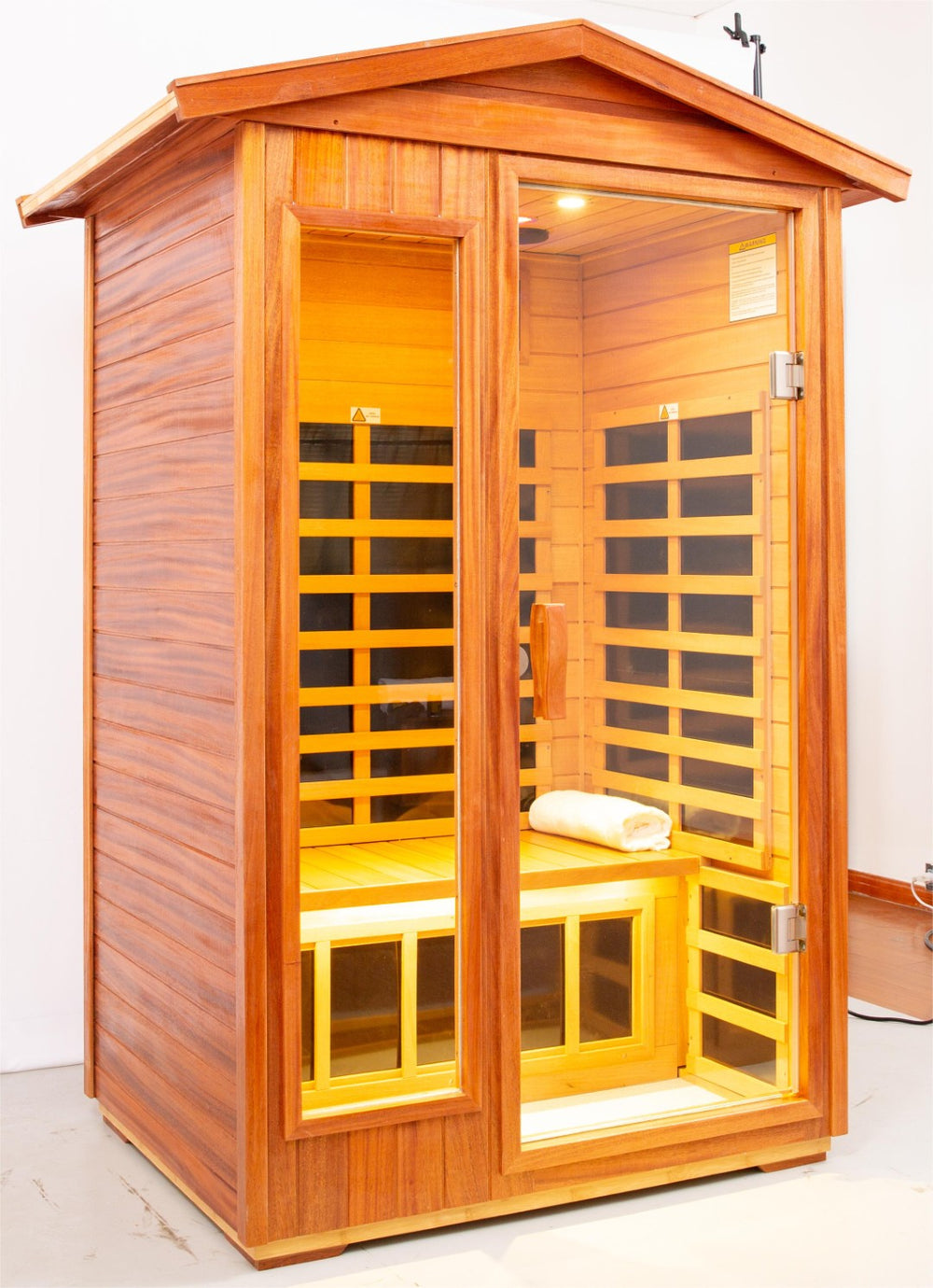 English Elm Two Person Outdoor Khaya Wood Sauna With Bluetooth Audio & Infrared Heating Panels For Relaxation W1149130193-GIGA
