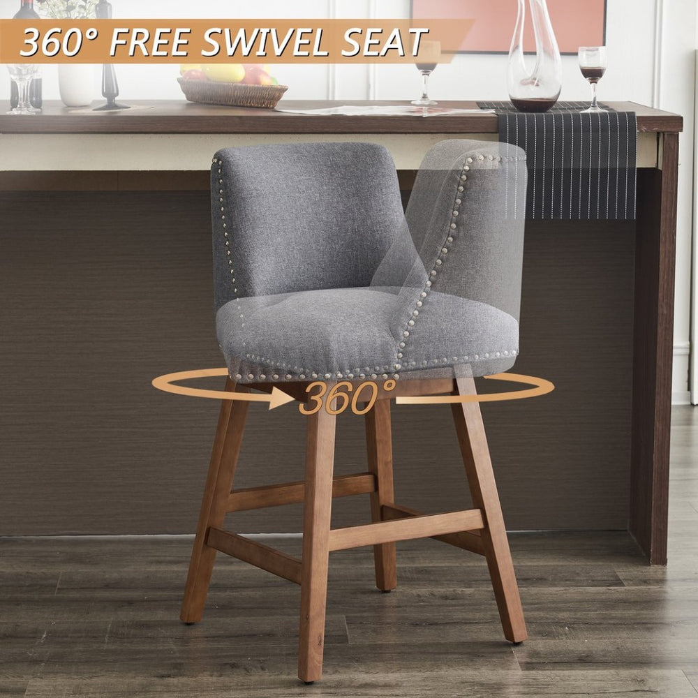 English Elm Upholstered Swivel Barstools Set of 2 Linen Counter Height Wood Frame Kitchen Seating W1893123708