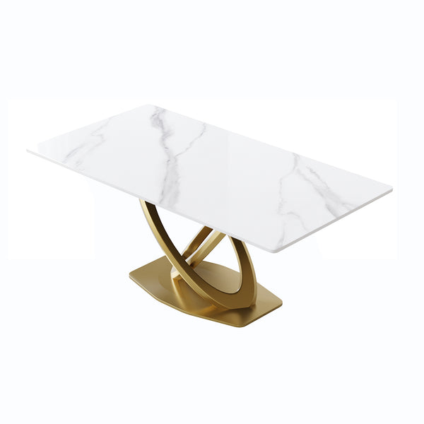 English Elm 70.84" Modern Rectangular Dining Table With White Sintered Stone Top & Golden Stainless Steel Base W1535S00277