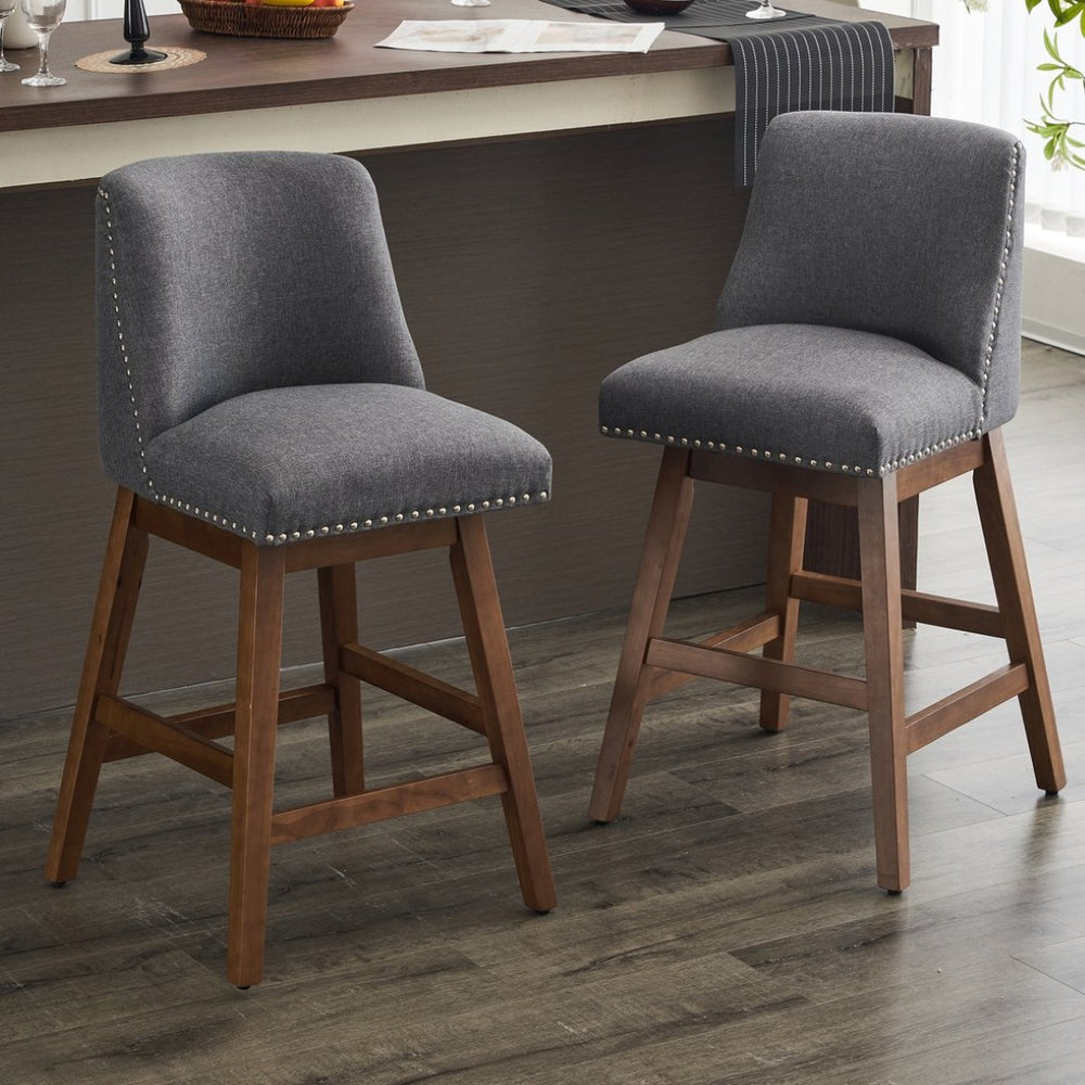 English Elm Upholstered Swivel Barstools Set of 2 Linen Counter Height Wood Frame Kitchen Seating W1893123708