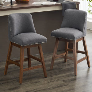 English Elm Upholstered Swivel Barstools Set of 2 Linen Counter Height Wood Frame Kitchen Seating W1893123708