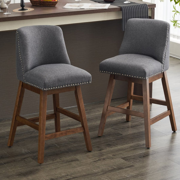 English Elm Upholstered Swivel Barstools Set of 2 Linen Counter Height Wood Frame Kitchen Seating W1893123708