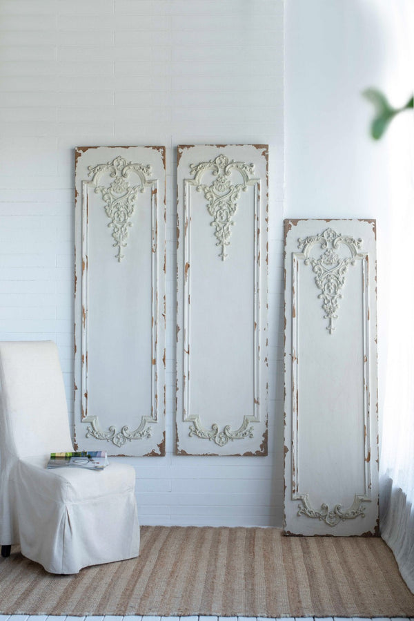 English Elm Set of 3 Boiserie Inspired Magnesia Relief Panels Weathered White Sculptural Wall Decor W2078130260