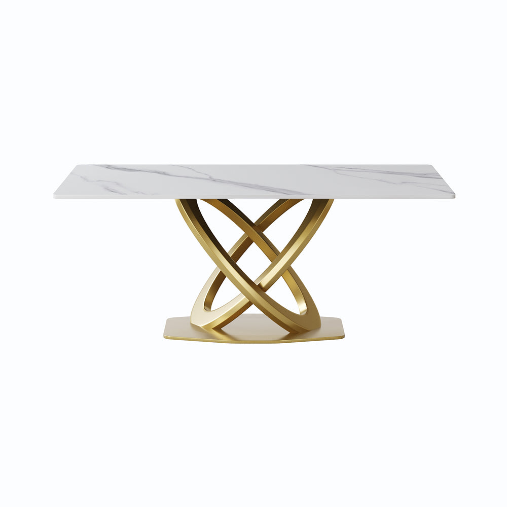 English Elm 70.84 Modern Sintered Stone Dining Table with White Top, Golden Double-Ring Stainless Legs, Seats 6-8 W1535S00612
