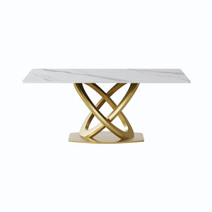 English Elm 70.84 Modern Sintered Stone Dining Table with White Top, Golden Double-Ring Stainless Legs, Seats 6-8 W1535S00612