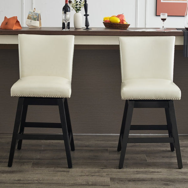 English Elm Upholstered Swivel Barstools Set of 2 Pu Leather High Back with Nailhead Wood Frame W1893123706