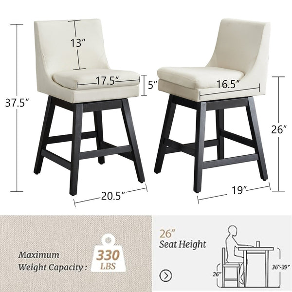 English Elm Upholstered Linen Swivel Counter Stools Set of 2 with Solid Wood Frame for Kitchen W1893123704