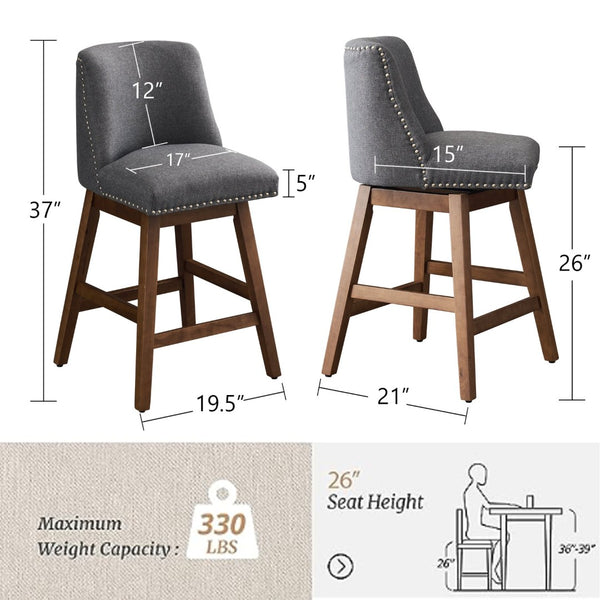 English Elm Upholstered Swivel Barstools Set of 2 Linen Counter Height Wood Frame Kitchen Seating W1893123708