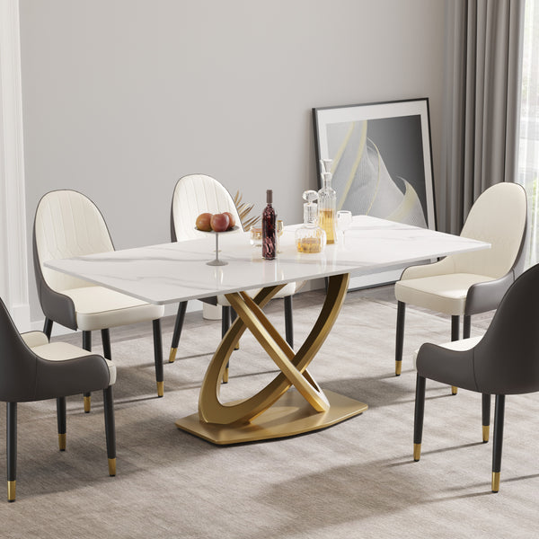 English Elm 70.84 Modern Sintered Stone Dining Table with White Top, Golden Double-Ring Stainless Legs, Seats 6-8 W1535S00612