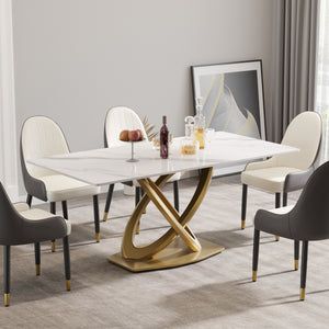 English Elm 70.84" Modern Rectangular Dining Table With White Sintered Stone Top & Golden Stainless Steel Base W1535S00277