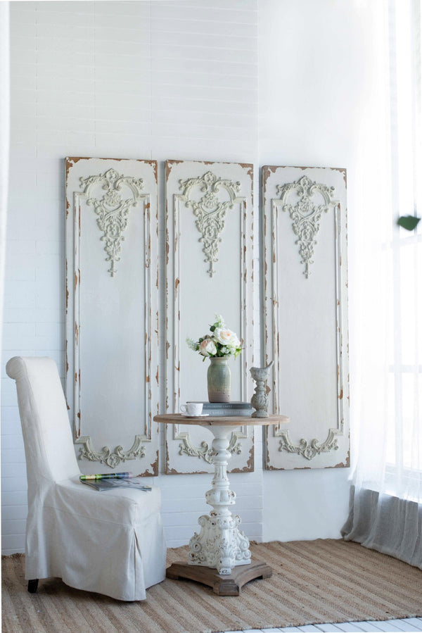 English Elm Set of 3 Boiserie Inspired Magnesia Relief Panels Weathered White Sculptural Wall Decor W2078130260