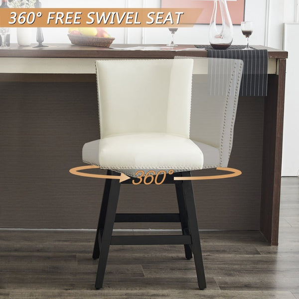 English Elm Upholstered Swivel Barstools Set of 2 Pu Leather High Back with Nailhead Wood Frame W1893123706