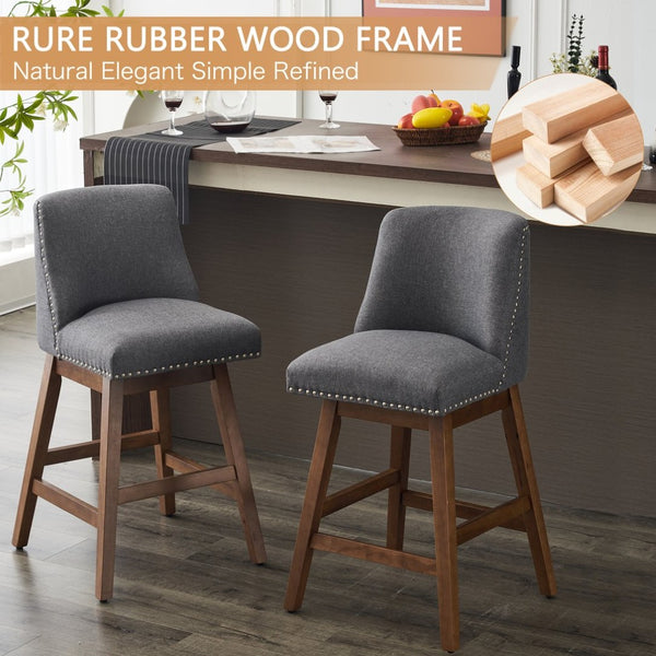 English Elm Upholstered Swivel Barstools Set of 2 Linen Counter Height Wood Frame Kitchen Seating W1893123708