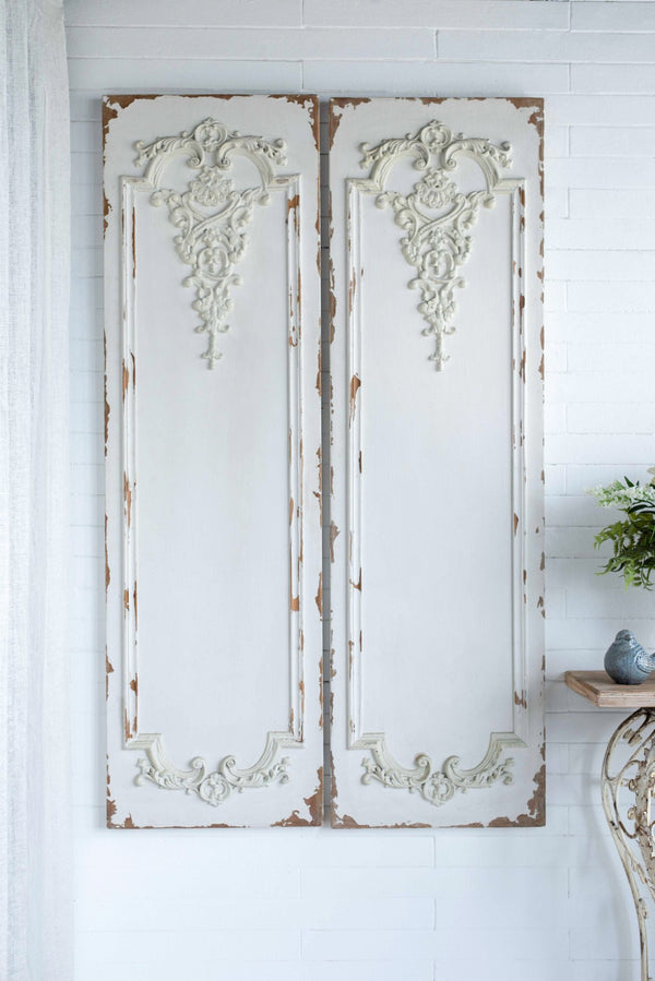 English Elm Set of 3 Boiserie Inspired Magnesia Relief Panels Weathered White Sculptural Wall Decor W2078130260