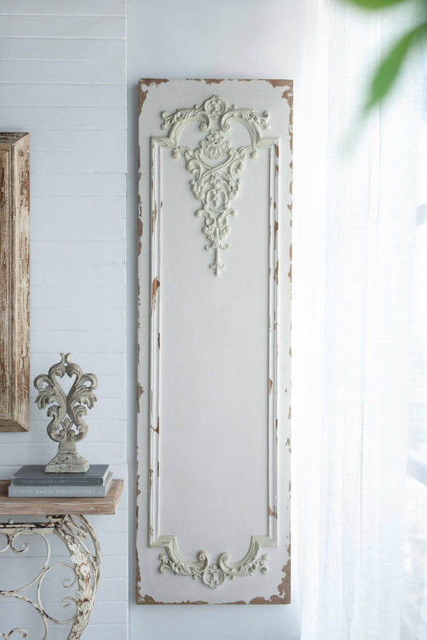 English Elm Set of 3 Boiserie Inspired Magnesia Relief Panels Weathered White Sculptural Wall Decor W2078130260