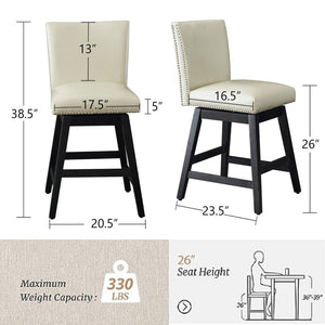 English Elm Upholstered Swivel Barstools Set of 2 Pu Leather High Back with Nailhead Wood Frame W1893123706