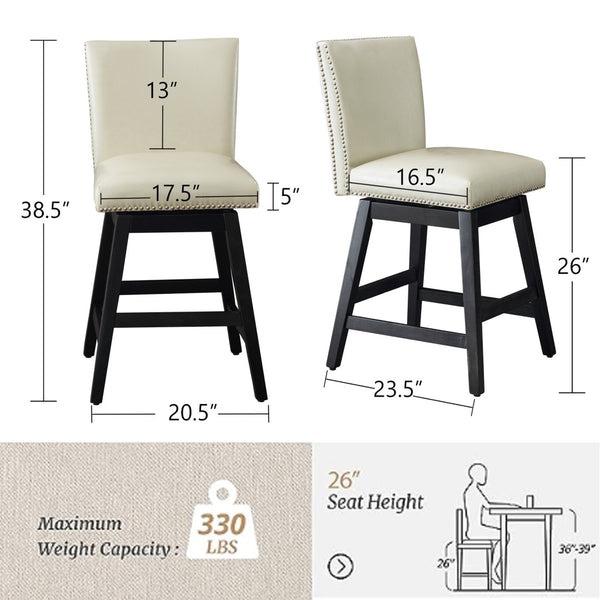 English Elm Upholstered Swivel Barstools Set of 2 Pu Leather High Back with Nailhead Wood Frame W1893123706