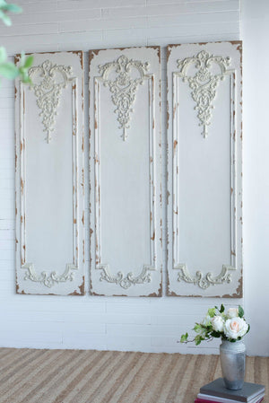 English Elm Set of 3 Boiserie Inspired Magnesia Relief Panels Weathered White Sculptural Wall Decor W2078130260