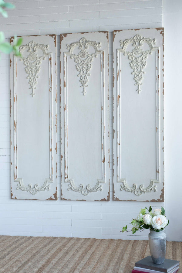 English Elm Set of 3 Boiserie Inspired Magnesia Relief Panels Weathered White Sculptural Wall Decor W2078130260