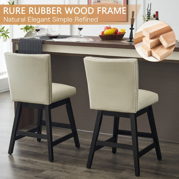 English Elm Upholstered Swivel Barstools Set of 2 Pu Leather High Back with Nailhead Wood Frame W1893123706