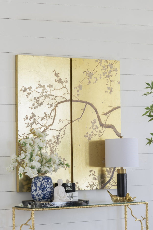 English Elm Set of 2 Cherry Blossom Vertical Wall Panels Pink Gold Botanical Living Room Art W2078130261