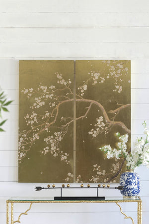 English Elm Set of 2 Cherry Blossom Vertical Wall Panels Pink Gold Botanical Living Room Art W2078130261