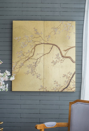 English Elm Set of 2 Cherry Blossom Vertical Wall Panels Pink Gold Botanical Living Room Art W2078130261