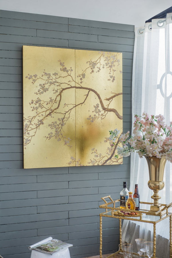English Elm Set of 2 Cherry Blossom Vertical Wall Panels Pink Gold Botanical Living Room Art W2078130261