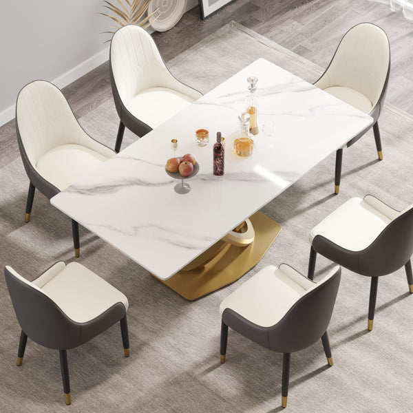English Elm 70.84" Modern Rectangular Dining Table With White Sintered Stone Top & Golden Stainless Steel Base W1535S00277
